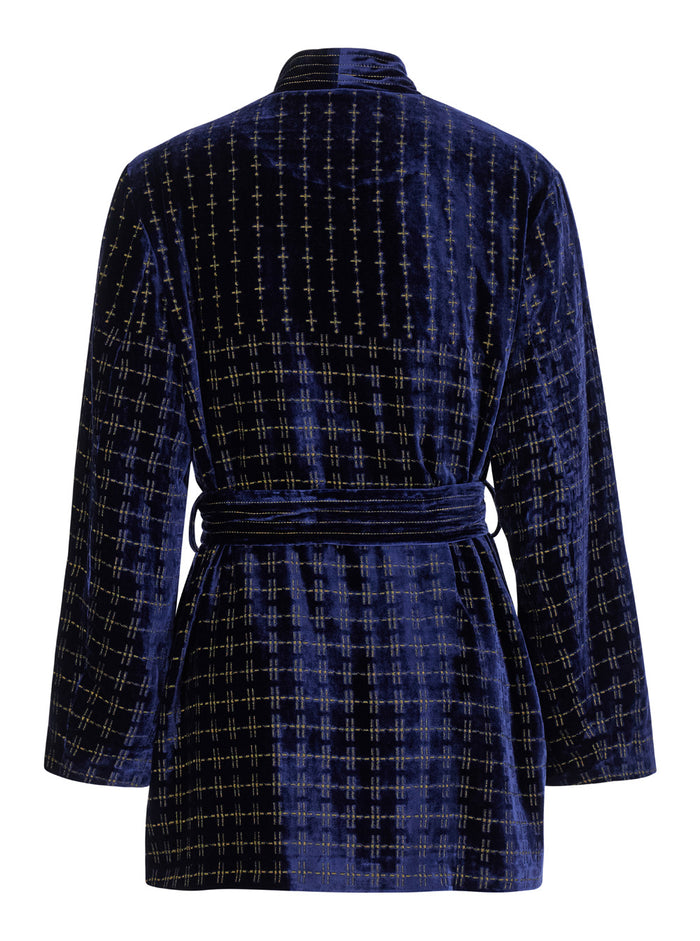 Eugenie Blue Jacket With V Neck And All-Over Check Motif Viscose Blend Woman Blu Silk Blazers