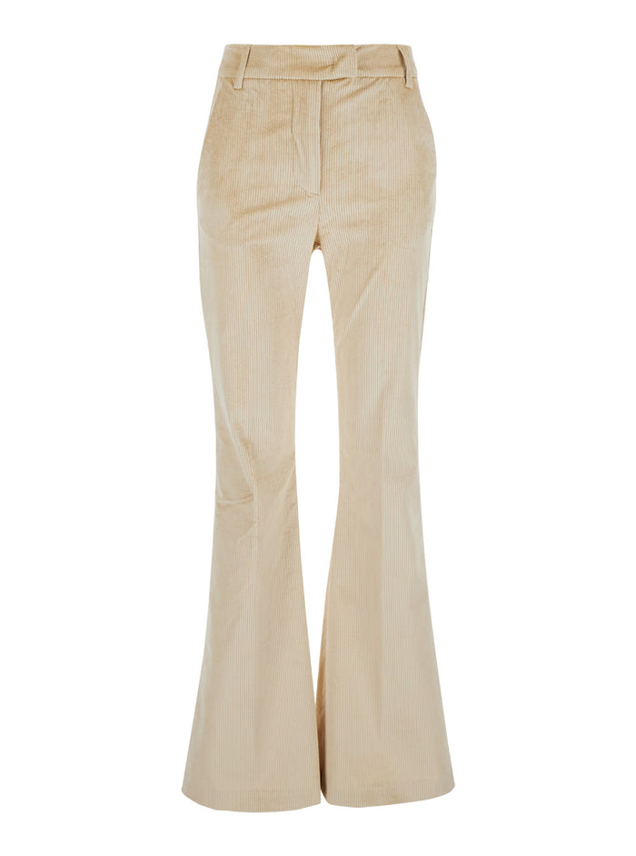 Satsuki Beige Flared Pants With Belt Loops And All-Over Striped Motif Cotton Blend Stretch Woman Viscose Elastane Trousers