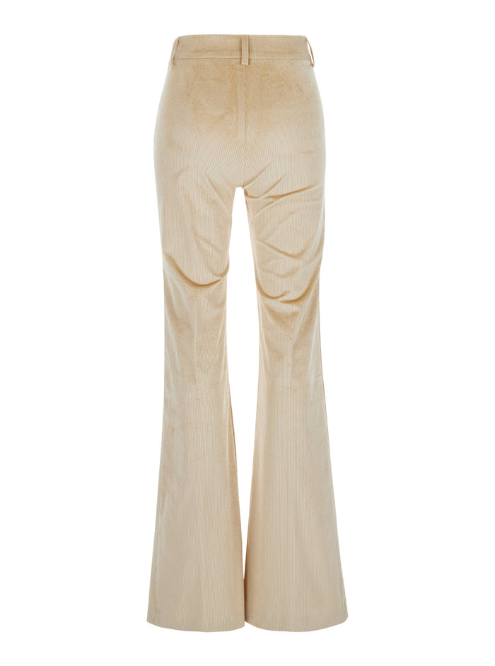 Satsuki Beige Flared Pants With Belt Loops And All-Over Striped Motif Cotton Blend Stretch Woman Viscose Elastane Trousers