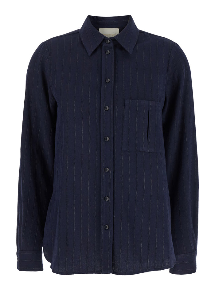 Sadao Blue Shirt With Classic Collar And All-Over Pinstripe Motif Wool Blend Woman Blu Viscose Virgin Blouses
