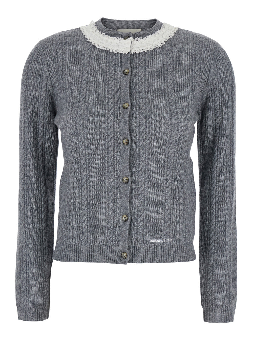 Collar Embellished Cardigan Grey Wool Polyamid Jersey