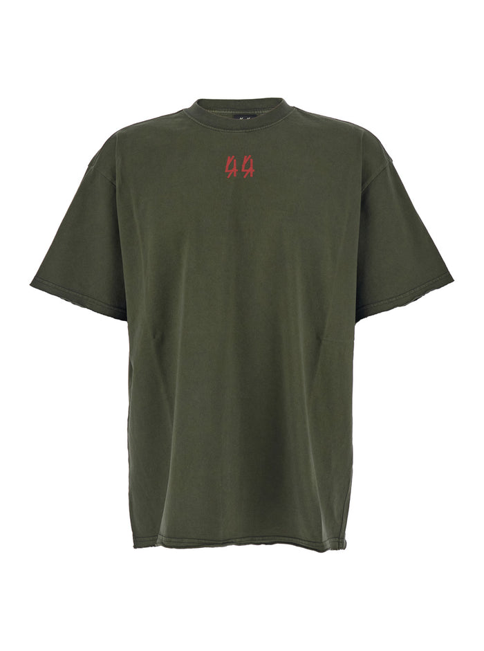 Green Crewneck T-Shirt with Dropped Shoulders and Logo Print on Front Rear in Cotton Man Tshirts Polo Shirts