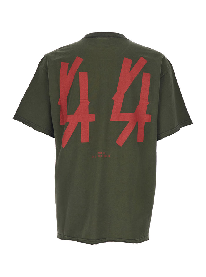 Green Crewneck T-Shirt with Dropped Shoulders and Logo Print on Front Rear in Cotton Man Tshirts Polo Shirts