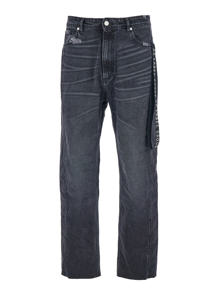 Black Jeans with Logo Patch on the Rear and Side Strap in Denim Man