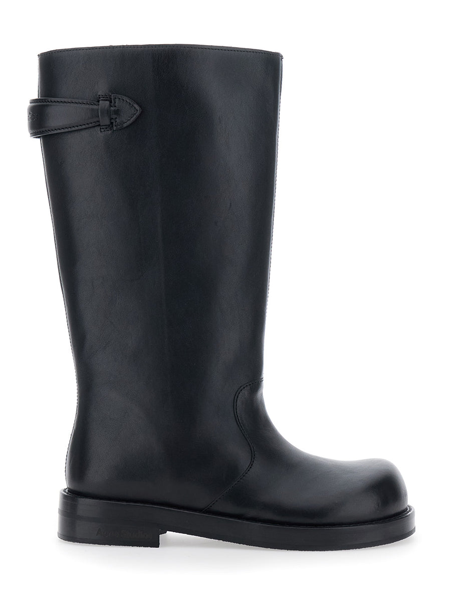 Black Leather Boots With Embossed Logo Calf
