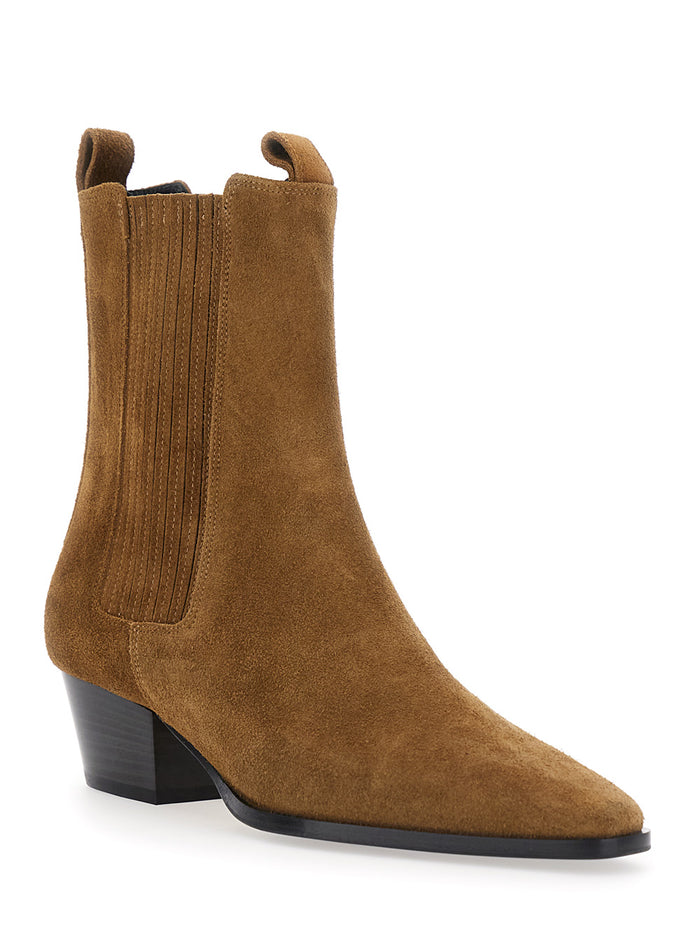 Beige Ankle Boots With Elastic Side Panel Suede Woman Leather