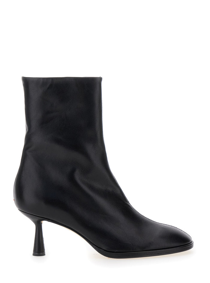 Black Ankle Boots With Rounded Toe Leather Woman