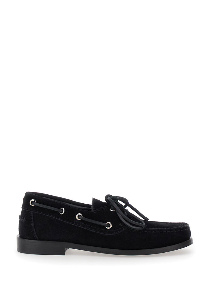 Black Boat Shoes With Side Laces Suede Woman Loafers