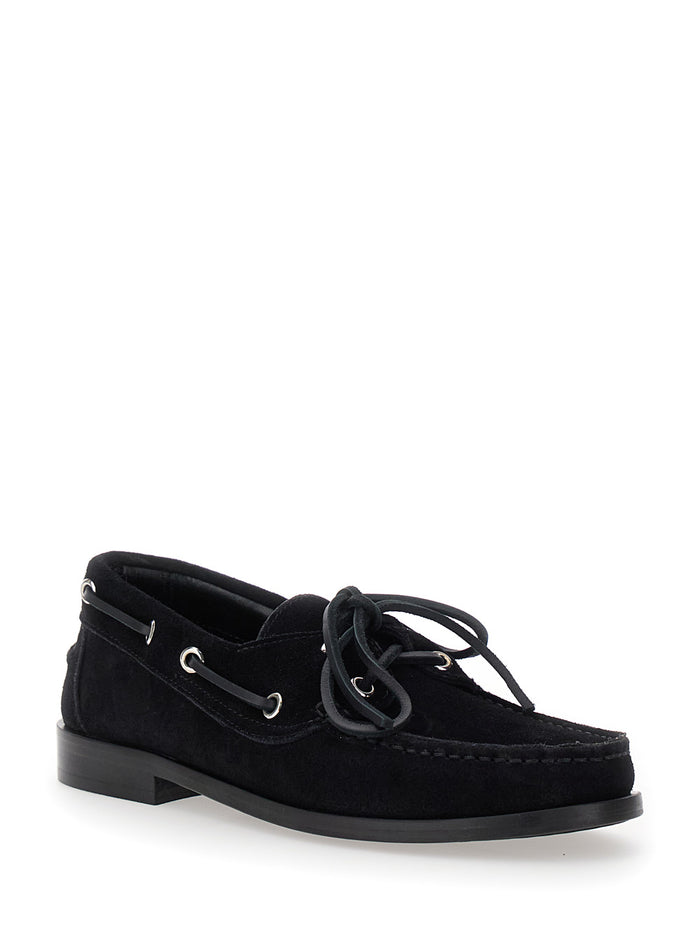Black Boat Shoes With Side Laces Suede Woman Loafers