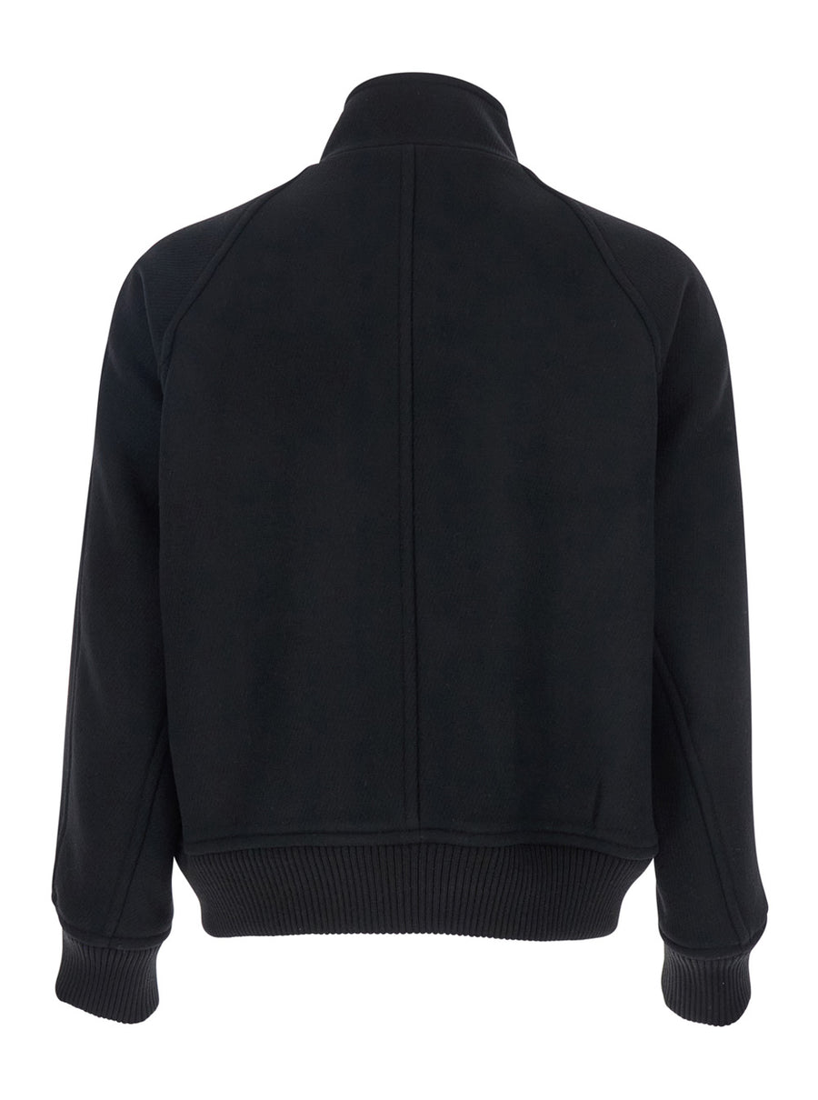 Black Jacket With Front Zip Closure Wool Nylon Coat