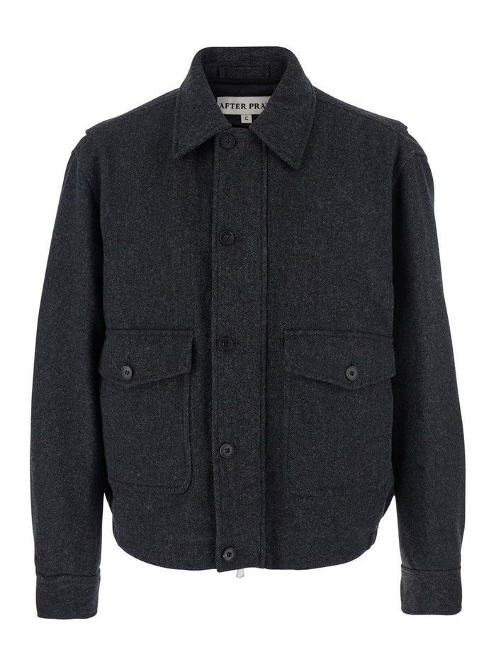 Classic A-2 Grey Jacket with Collar and Front Button Zip Closure in Wool Blend Stretch Man Nylon Spandex Outerwear