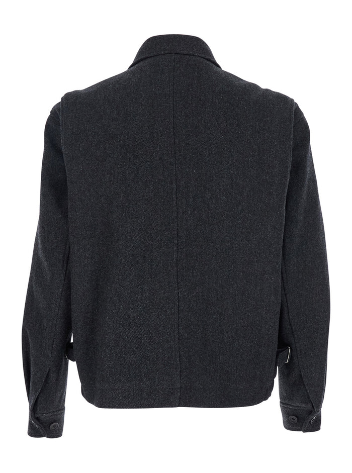 Classic A-2 Grey Jacket with Collar and Front Button Zip Closure in Wool Blend Stretch Man Nylon Spandex Outerwear