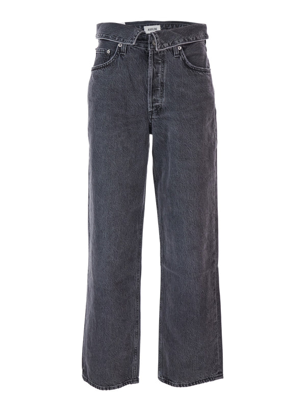 Black Jeans With Front-Fold Design Cotton