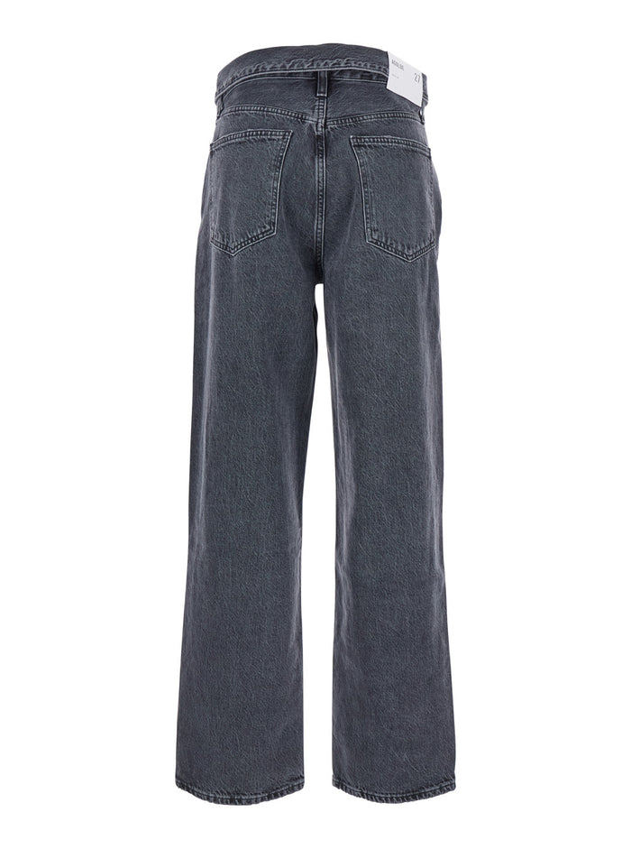 Black Jeans with Front-Fold Design and Logo Patch on the Rear in Denim Woman Cotton