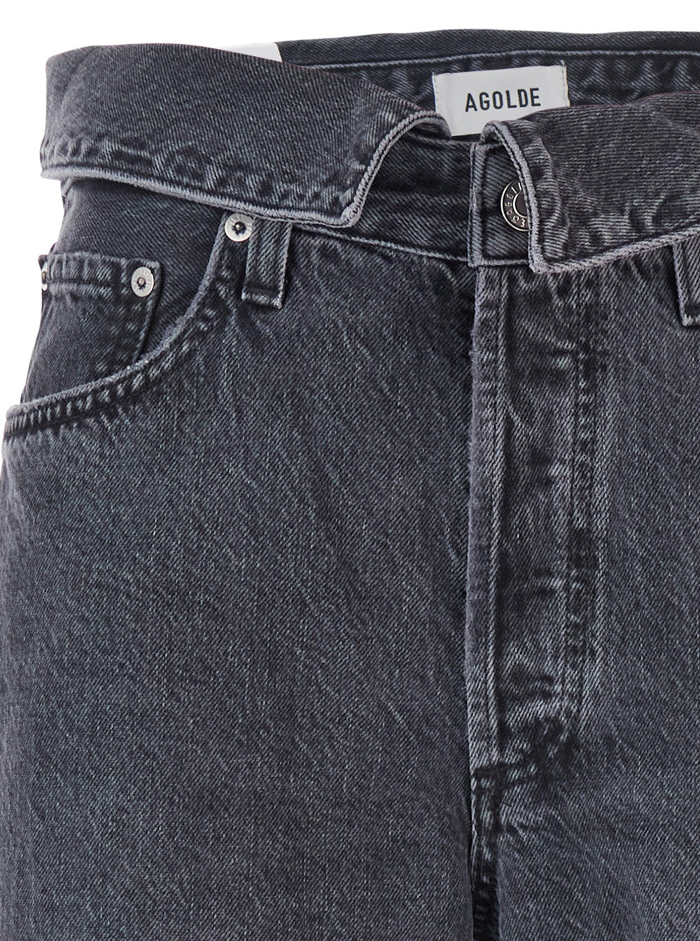 Black Jeans with Front-Fold Design and Logo Patch on the Rear in Denim Woman Cotton