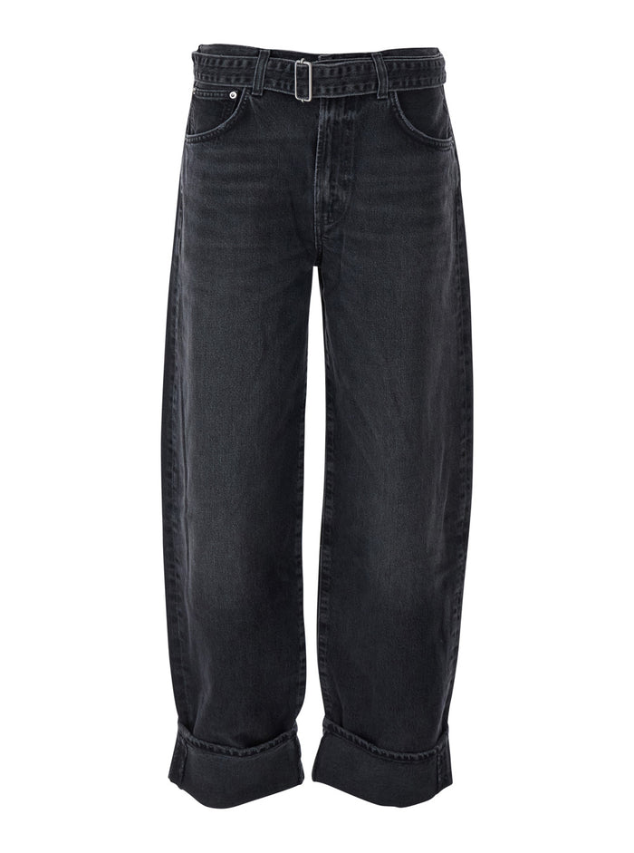 Arcane Grey Jeans with Belt and Turn-Up Hem in Denim Woman Regenerative Cotton