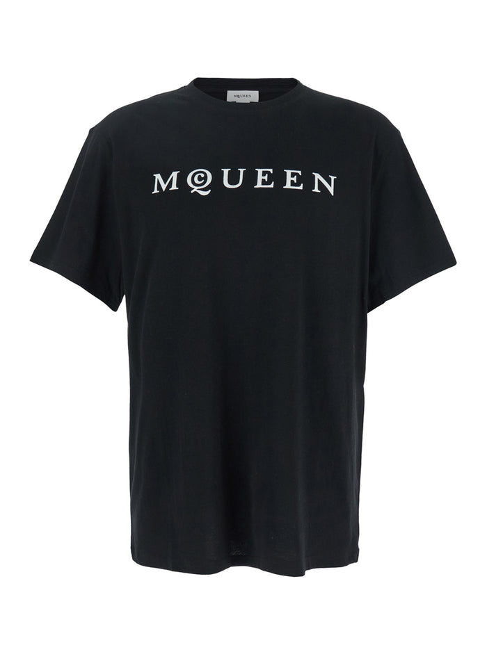 Black Crewneck T-Shirt with Logo Print on the Front in Cotton Man Tshirts And Polo Shirts
