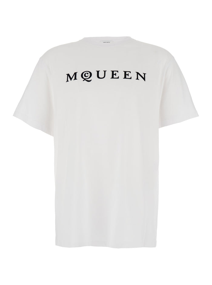 White Crewneck T-Shirt with Logo Lettering on the Front in Cotton Man Tshirts And Polo Shirts