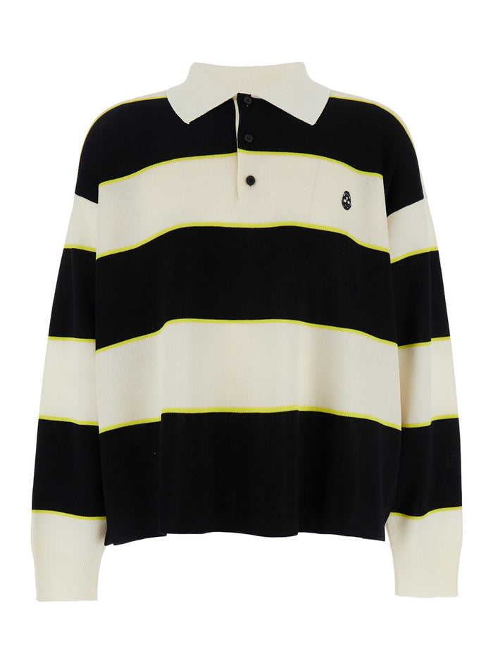 Black and White Long-Sleeve Polo Shirt with Logo Patch on the Front All-Over Striped Motif in Cotton Blend Man White/black Viscose Tshirts