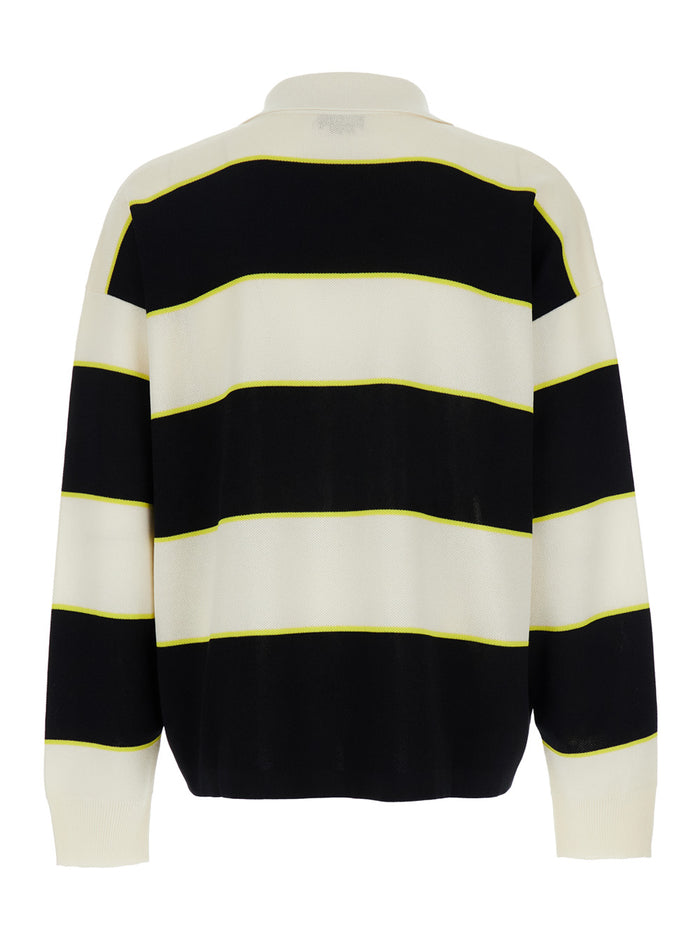 Black and White Long-Sleeve Polo Shirt with Logo Patch on the Front All-Over Striped Motif in Cotton Blend Man White/black Viscose Tshirts