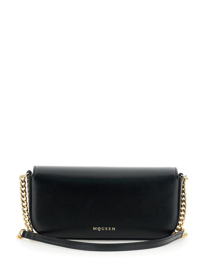 Skull Flower Black Crossbody Bag with Chain-Link Shoulder Strap and Logo Plaque on the Front in Leather Woman Calf