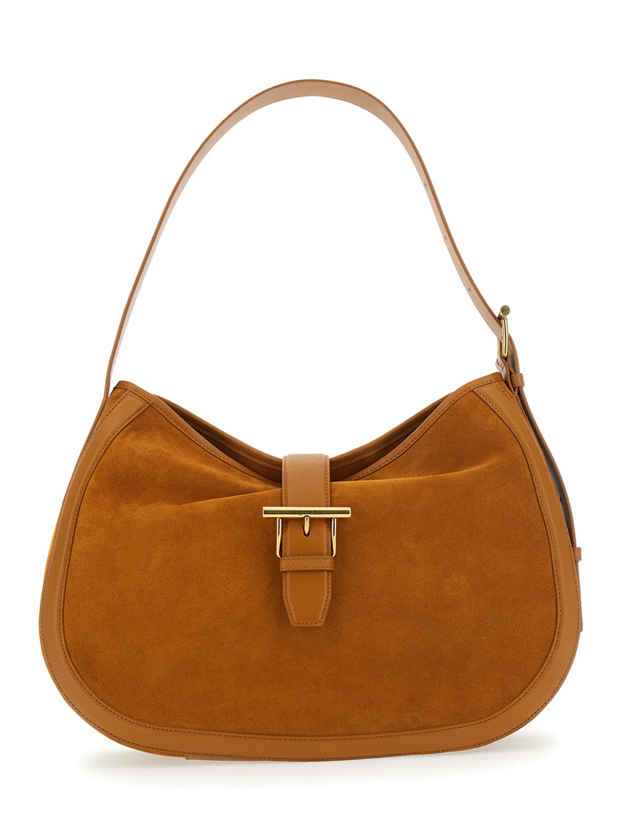 Brown Suede Shoulder Bag With T Buckle Calf