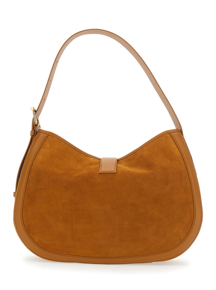 Brown Shoulder Bag with Adjustable Strap and T Buckle Closure on the Front in Suede Woman Calf
