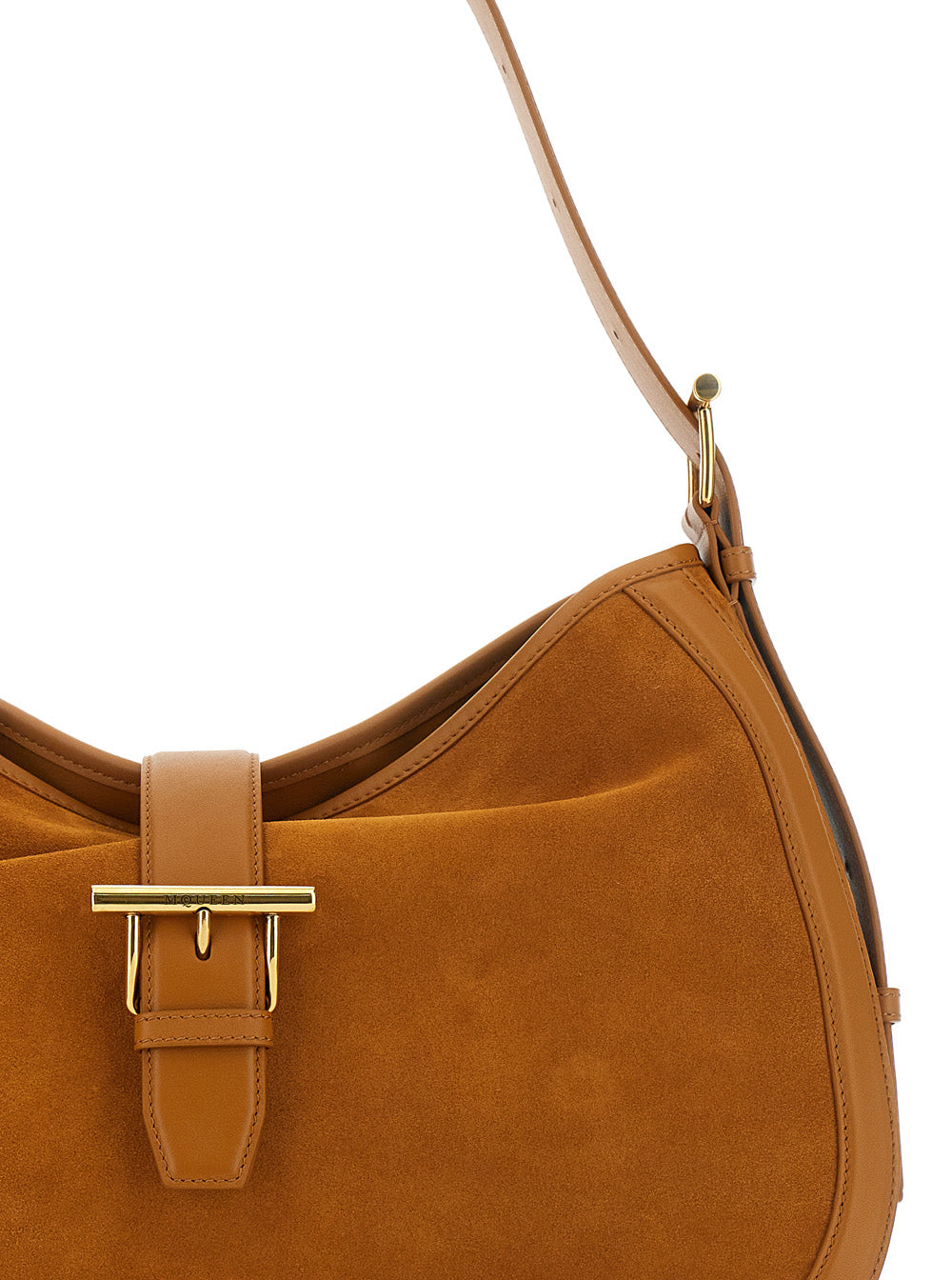 Brown Shoulder Bag with Adjustable Strap and T Buckle Closure on the Front in Suede Woman Calf