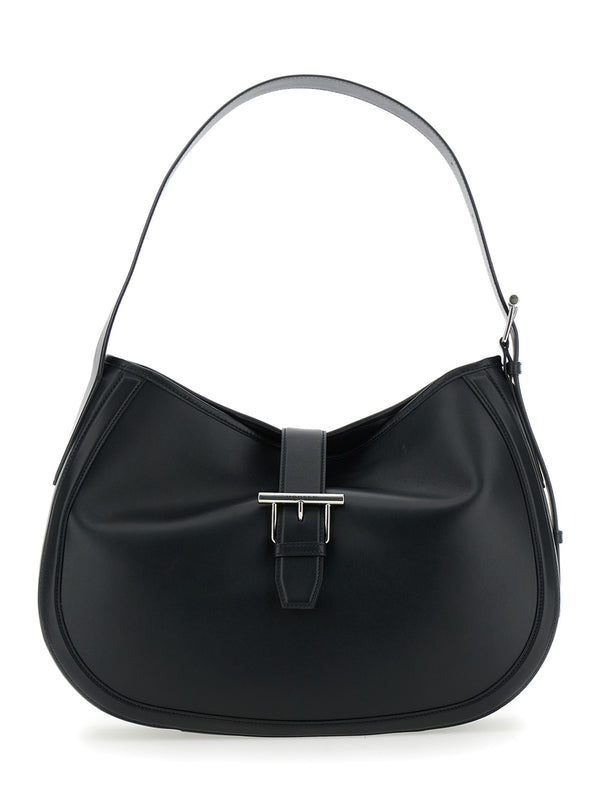 Black Leather Shoulder Bag With T Buckle Calf