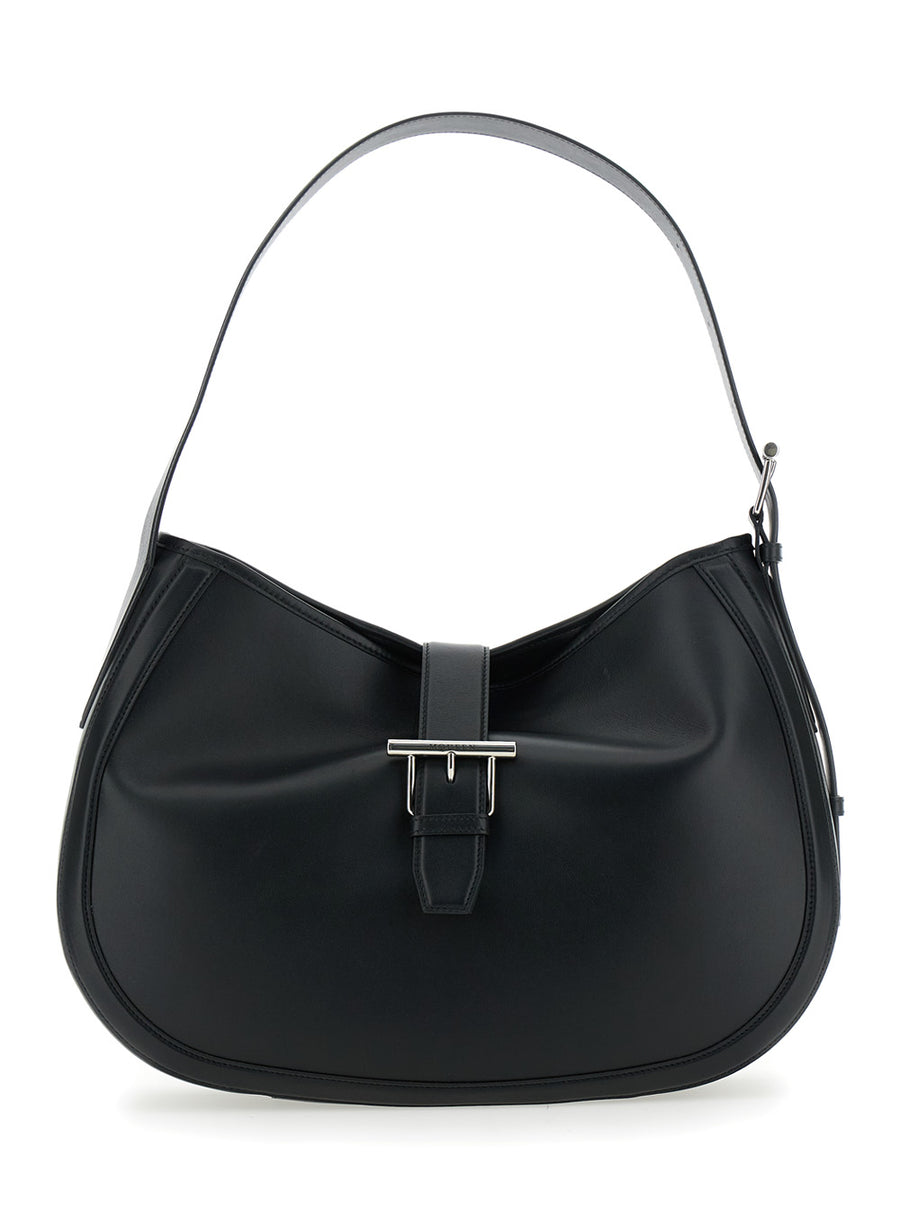 Black Leather Shoulder Bag With T Buckle Calf