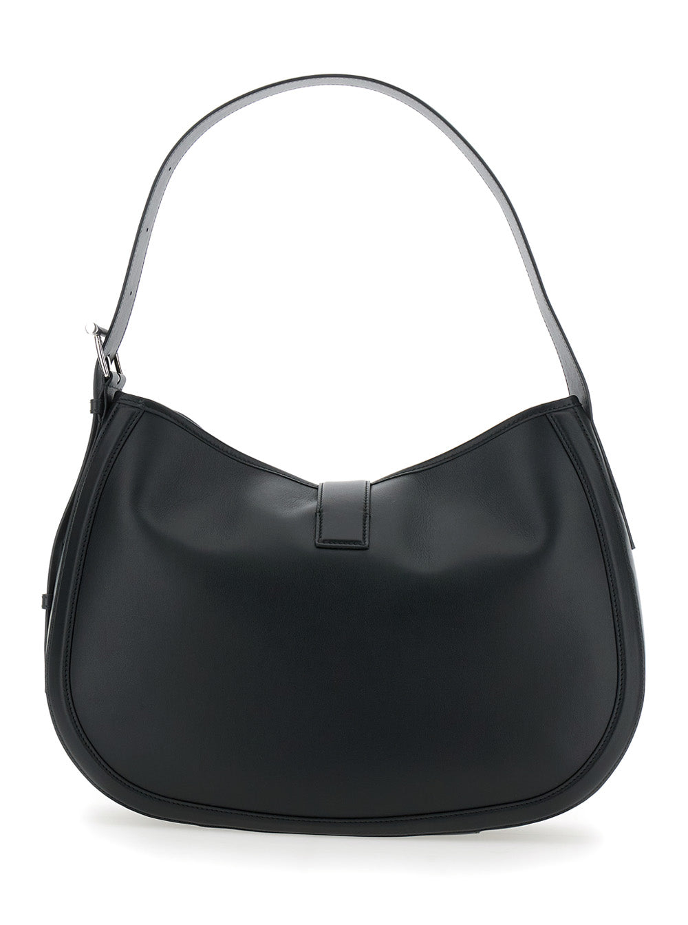 Black Shoulder Bag with Adjustable Strap and T Buckle Closure on the Front in Leather Woman Calf