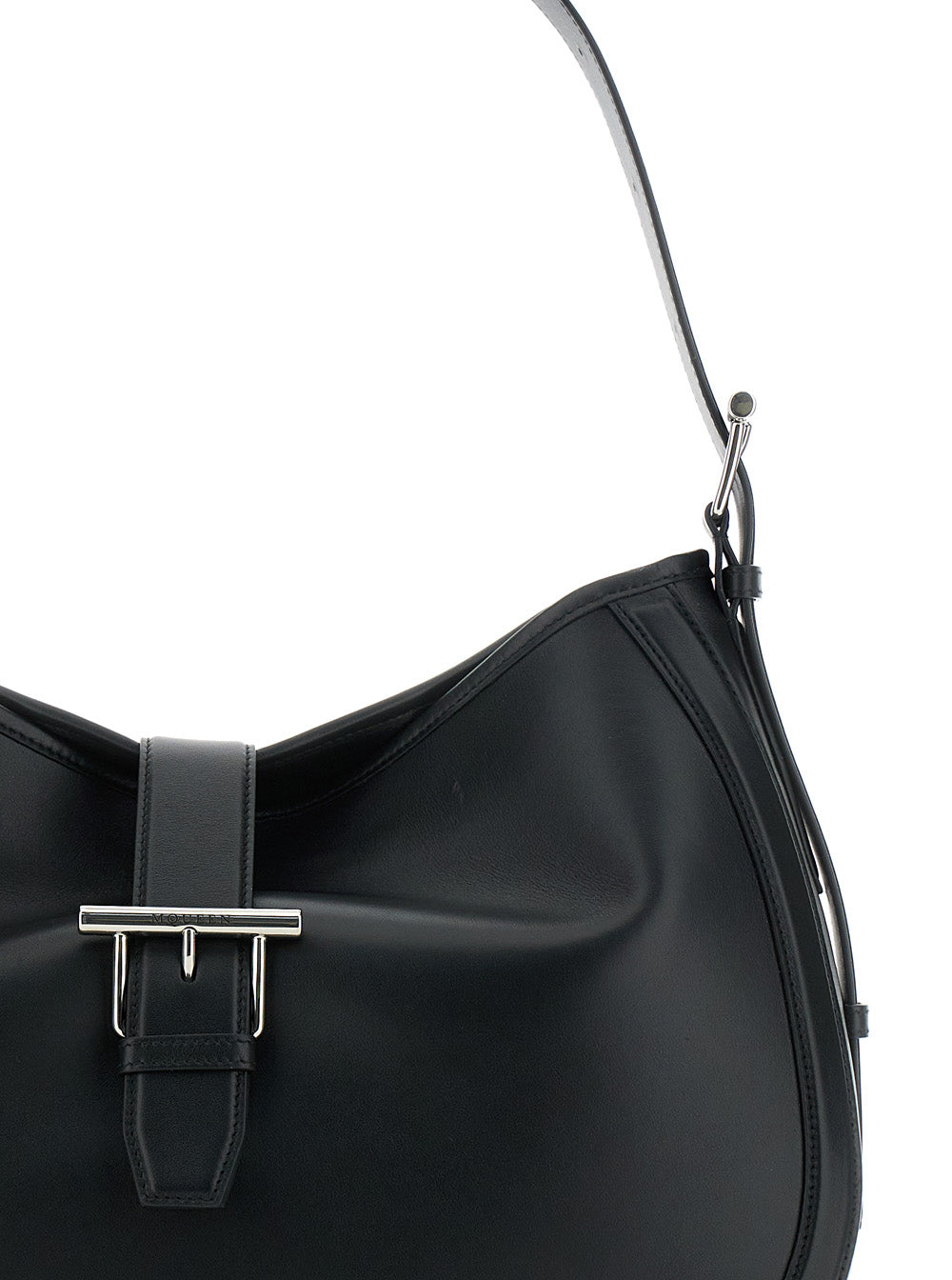 Black Shoulder Bag with Adjustable Strap and T Buckle Closure on the Front in Leather Woman Calf
