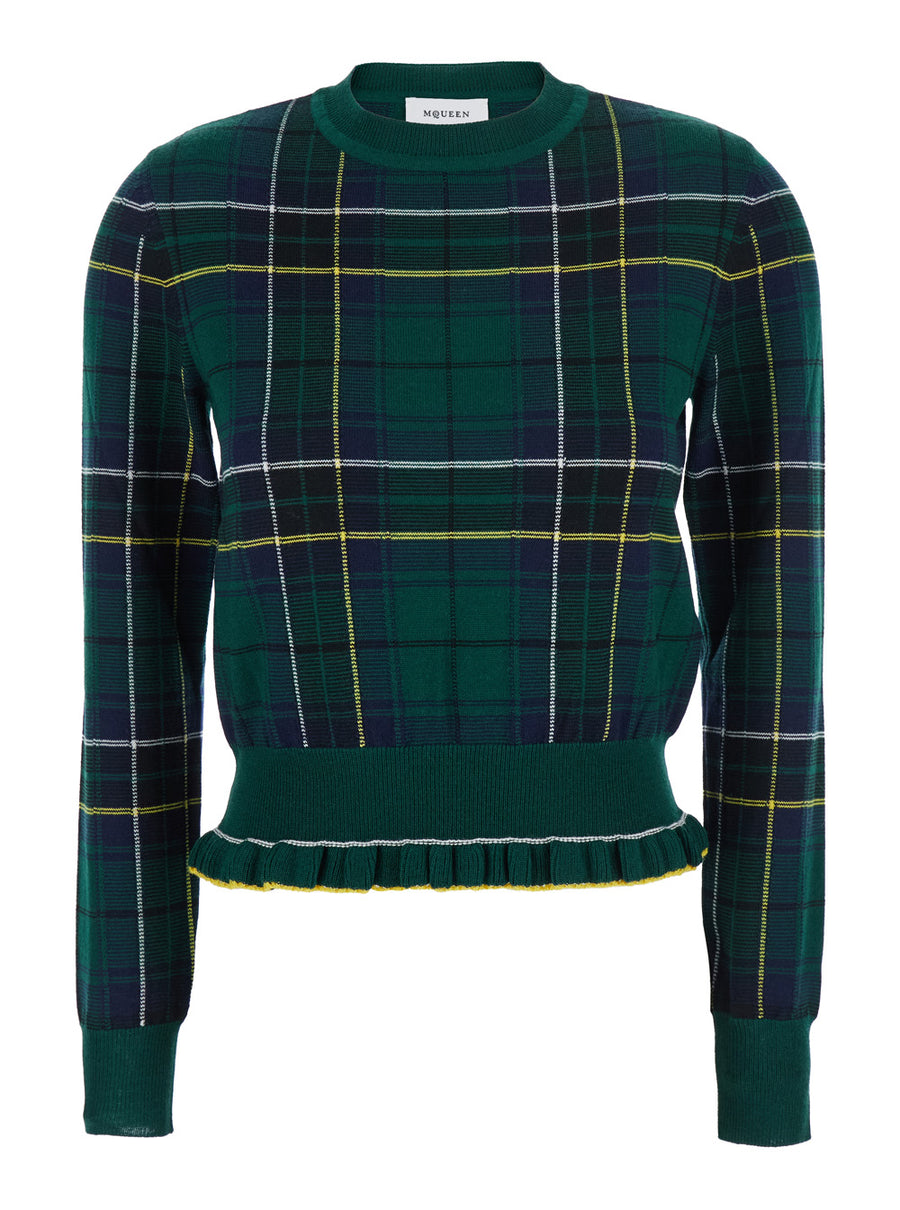 Green Crew Neck Sweater With Tartan Pattern Wool Tops