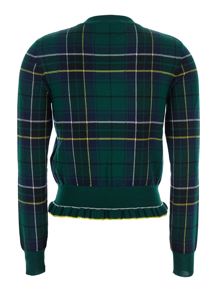 Green Crew Neck Sweater with Tartan Pattern and Fringed Hem in Wool Woman Jersey