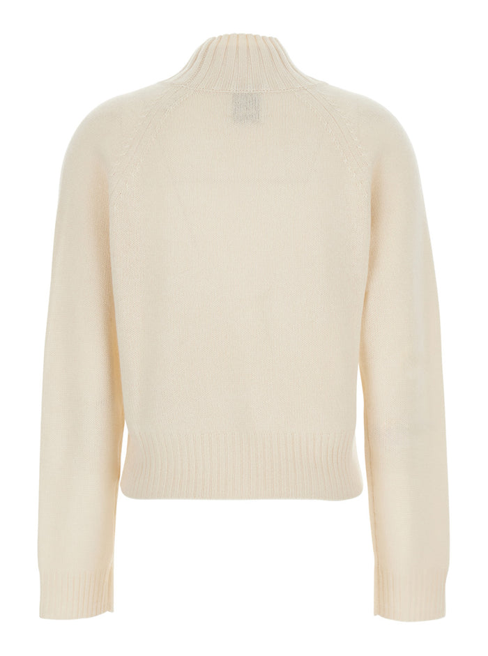 White High Neck Jumper with Ribbed Design in Cashmere Woman Jersey