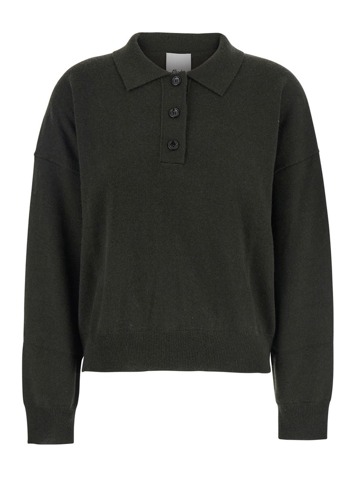Green Polo Shirt with Classic Collar and Ribbed Trims in Wool Woman Virgin Cashmere Tshirts