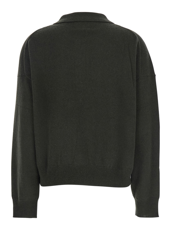 Green Polo Shirt with Classic Collar and Ribbed Trims in Wool Woman Virgin Cashmere Tshirts