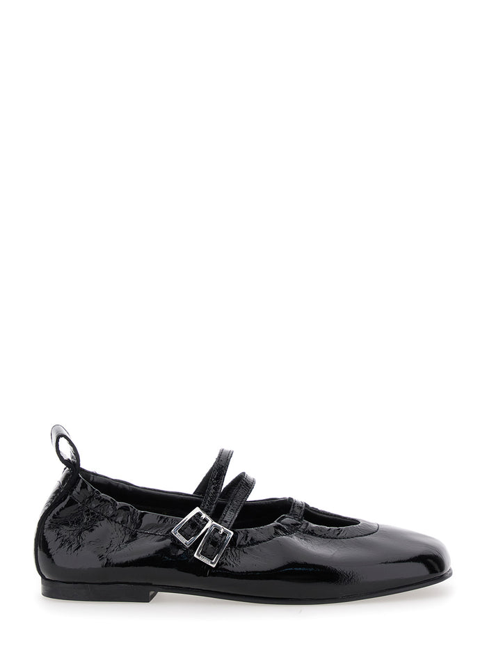 Anne Onix Black Ballet Shoes With Straps Closure And Elastic Design Patent Leather Woman Cow Ballerinas