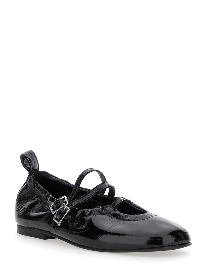 Anne Onix Black Ballet Shoes With Straps Closure And Elastic Design Patent Leather Woman Cow Ballerinas