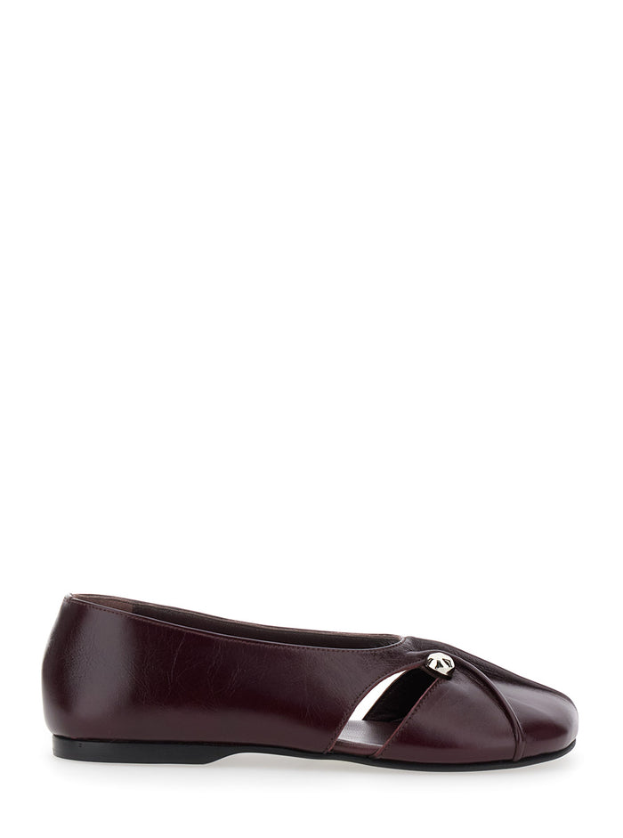Ravena Bordeaux Ballet Shoes With Decorative Plaque On The Front Leather Woman Cow Ballerinas