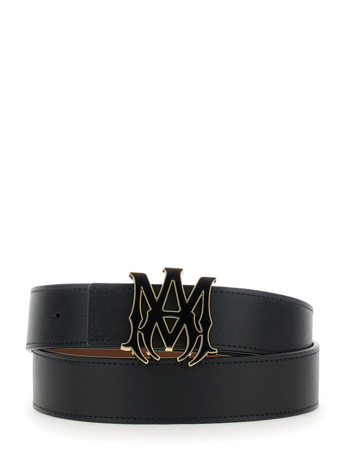 Black Belt With Logo Plaque On The Front Leather Man