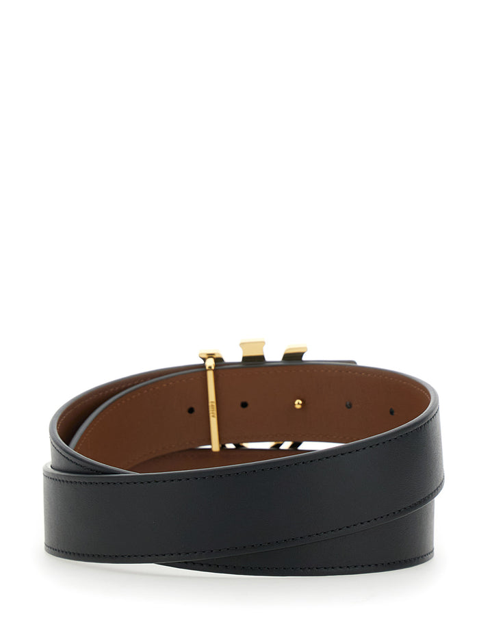 Black Belt With Logo Plaque On The Front Leather Man