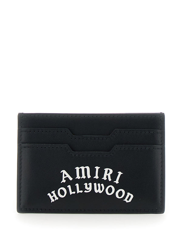 Black Leather Card Holder With Logo Details Bovine Accessory
