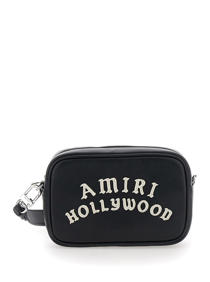 Hollywood Black Crossbody Bag With Adjustable And Removable Shoulder Strap Logo Lettering On The Front Leather Man Bovine