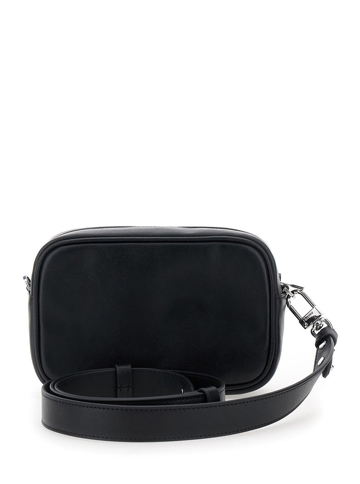 Hollywood Black Crossbody Bag With Adjustable And Removable Shoulder Strap Logo Lettering On The Front Leather Man Bovine
