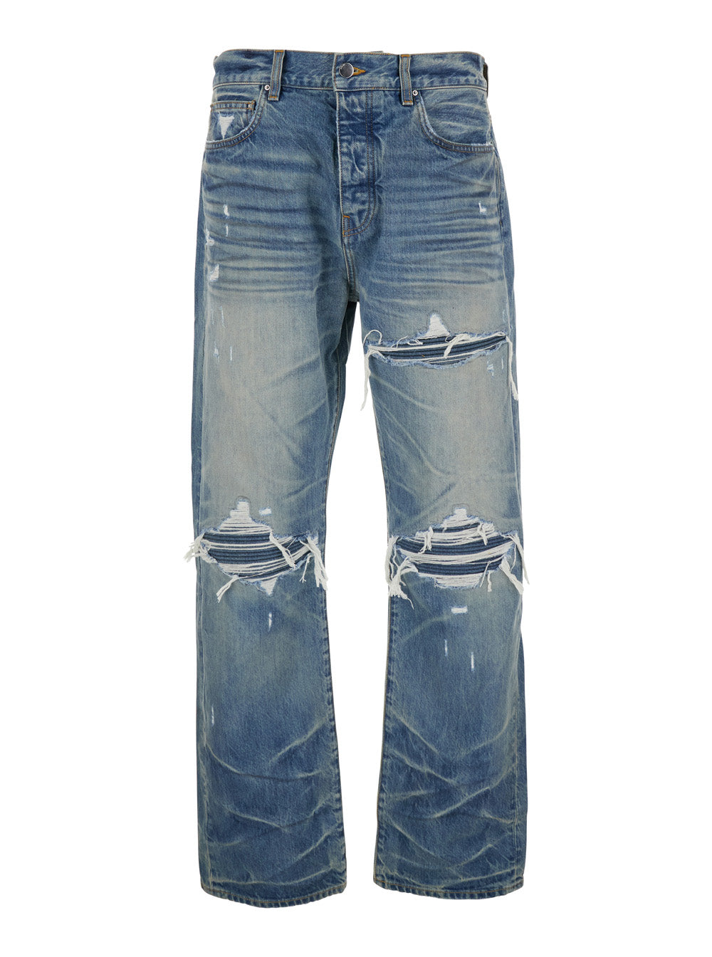 Blue Jeans with Ripped Details on the Front and Logo Patch Rear in Denim Man Blu Cotton