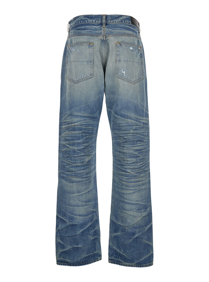 Blue Jeans with Ripped Details on the Front and Logo Patch Rear in Denim Man Blu Cotton