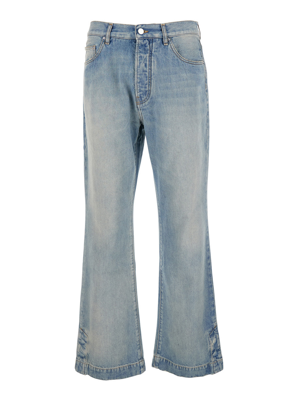 Light Blue Jeans With Flared Leg And Logo Patch On The Rear Denim Man Cotton
