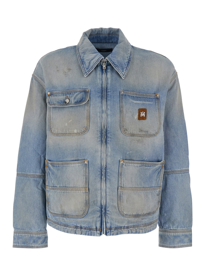 Blue Jacket With Classic Collar And Logo Patch On Front Rear Denim Man Light Cotton