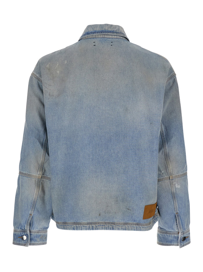 Blue Jacket With Classic Collar And Logo Patch On Front Rear Denim Man Light Cotton